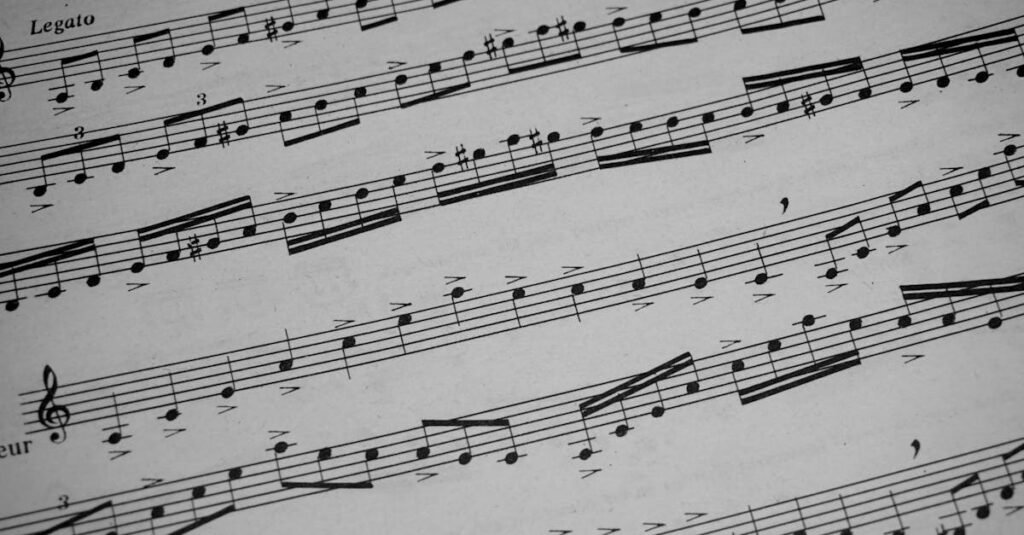 Detailed view of sheet music featuring musical notations and symbols.