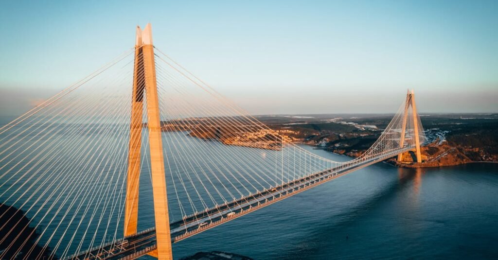 Stunning aerial shot of Yavuz Sultan Selim Bridge spanning the Bosphorus Strait at sunset.