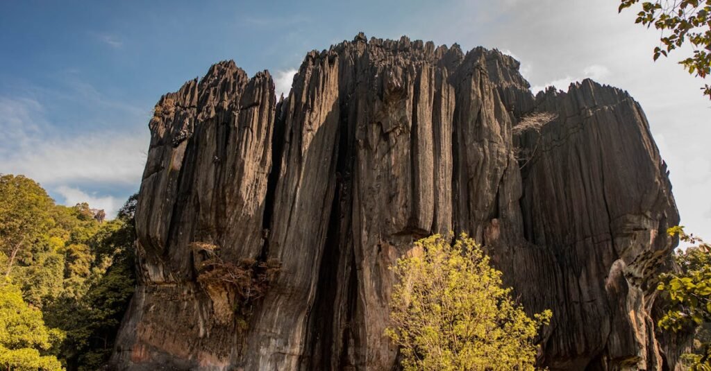 Dramatic view of the towering Yana Caves rock formation surrounded by lush greenery in Gokarna, India.