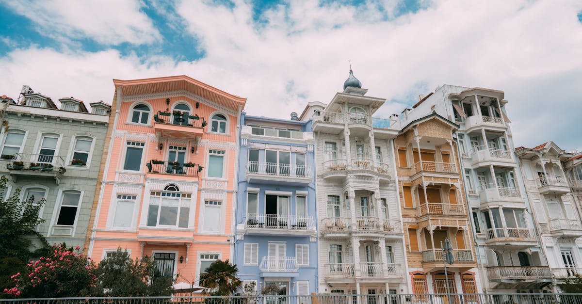 Vibrant historical buildings in Arnavutköy, Istanbul against a blue sky.