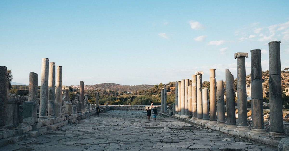 Wide view of the ancient Aspendos ruins featuring stone columns under a clear sky.