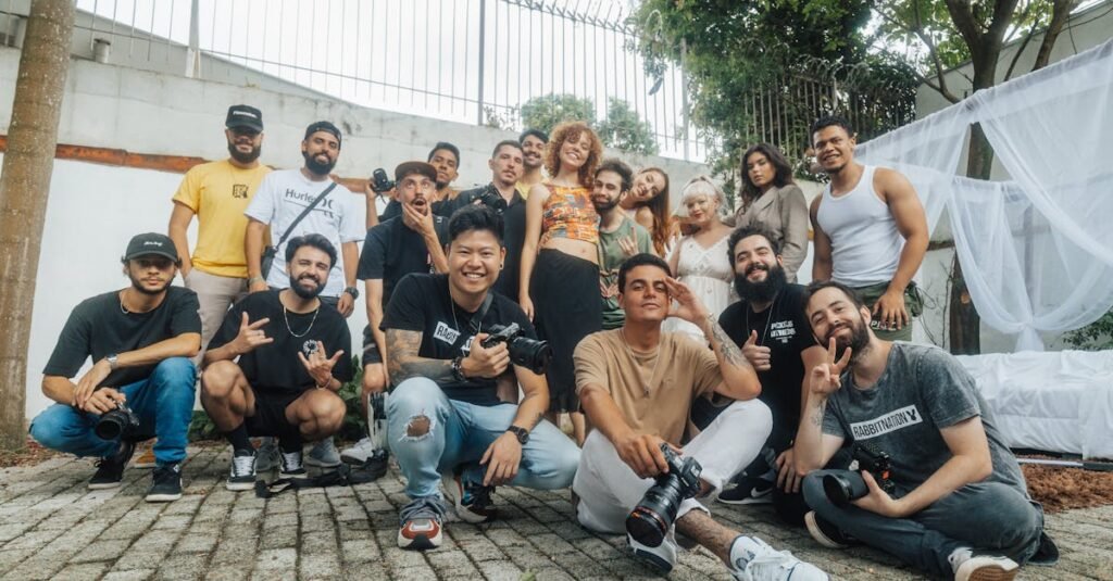 Diverse group of friends having fun and posing for a group photo outdoors in São Paulo.