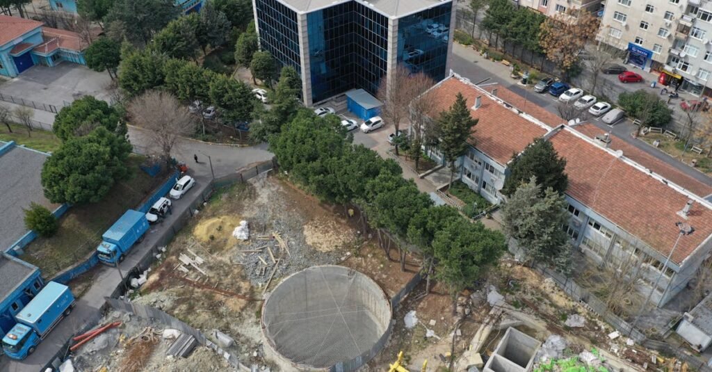 Aerial view of a construction site in Bahçelievler, İstanbul showcasing urban development.