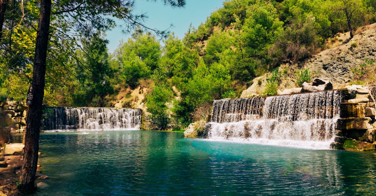 Scenic view of a serene waterfall and vibrant forest at Aladağ, Türkiye.