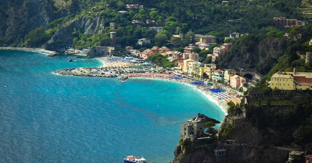 Breathtaking aerial view of Monterosso al Mare's coastline in Cinque Terre, Italy.