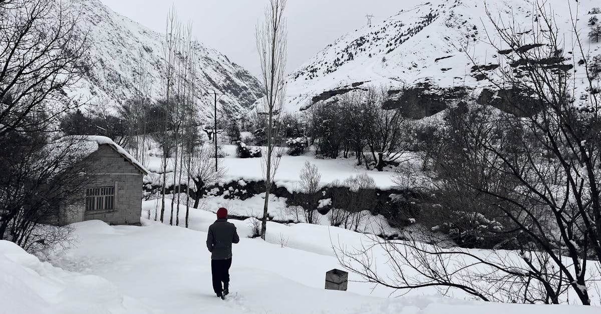 Snowy mountain landscape with a figure and a hut in Hakkâri, Türkiye.