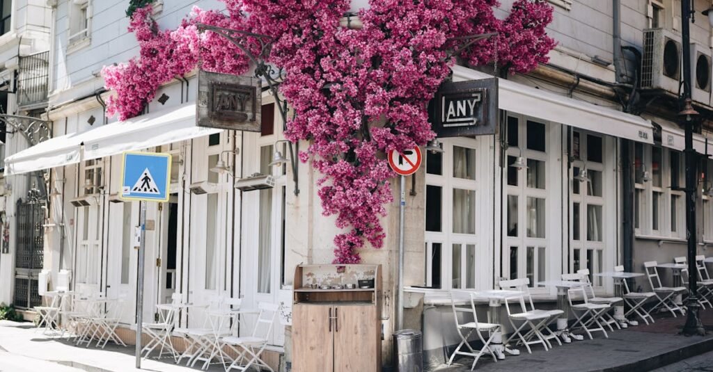 Istanbul café with pink bougainvillea, white chairs, and urban cityscape.