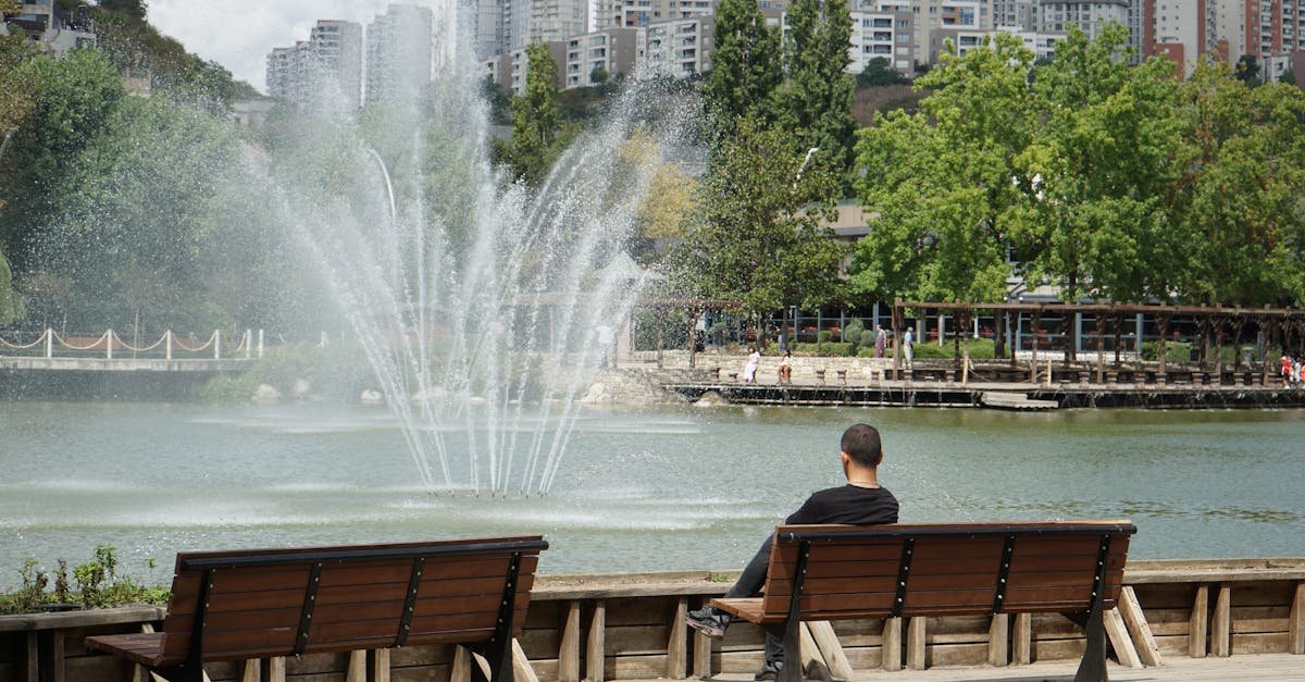 A relaxing view of a fountain surrounded by greenery and urban buildings in Başakşehir, İstanbul.