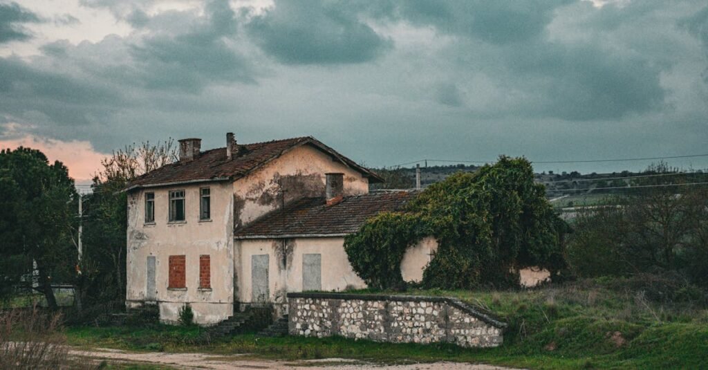 Atmospheric photo of an abandoned house covered in ivy in Susurluk, Türkiye during dusk.