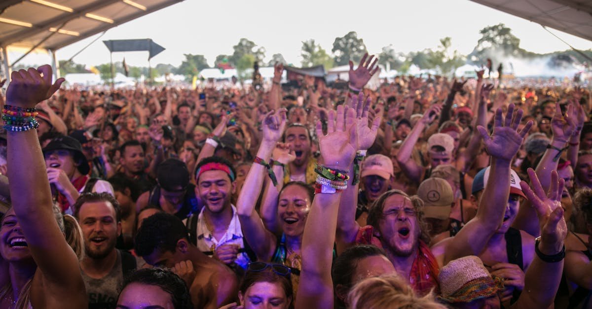 Excited crowd enjoying a vibrant music festival under a tent during the day.