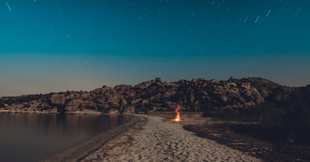 A serene campfire under starry skies on a Turkish beach, perfect for adventure and relaxation inspiration.