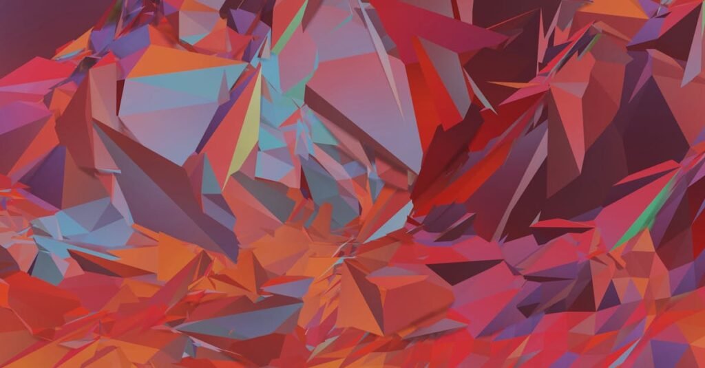 Dynamic and colorful abstract polygonal art depicting a vibrant landscape with geometric patterns.