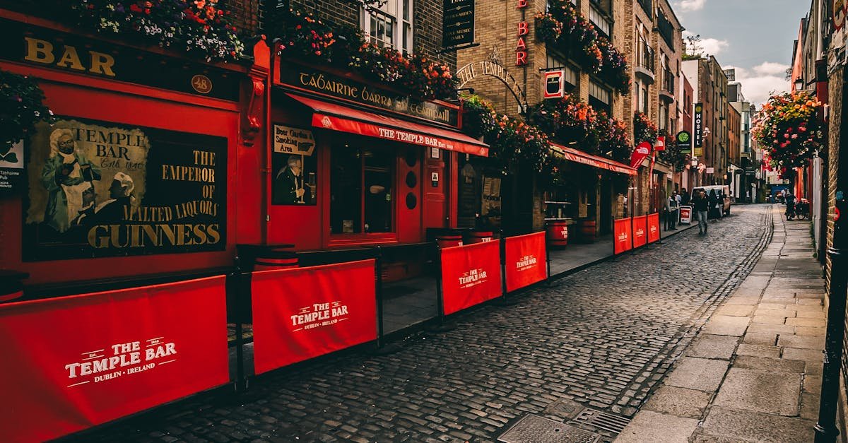 A picturesque cobblestone street with vibrant pubs in Temple Bar, Dublin.