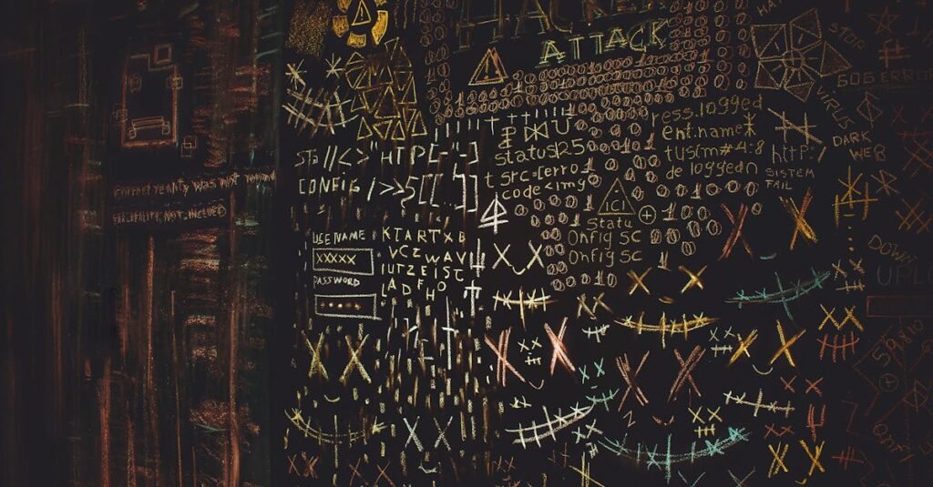 Chalkboard filled with complex cybersecurity and hacking symbols in colorful chalk.