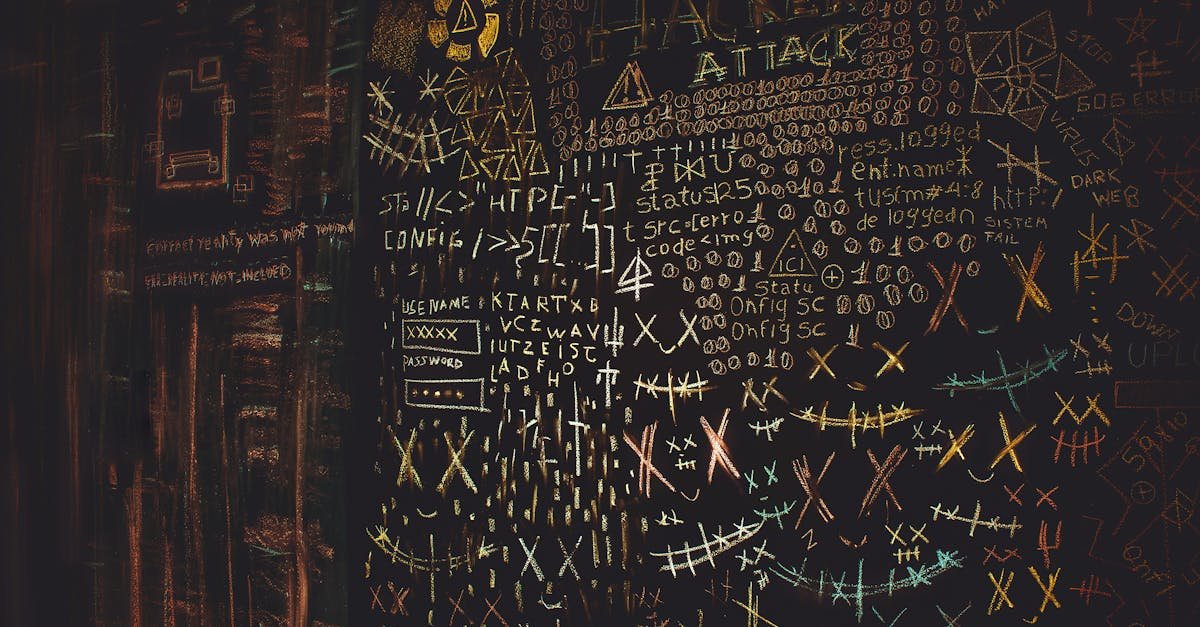 Chalkboard filled with complex cybersecurity and hacking symbols in colorful chalk.