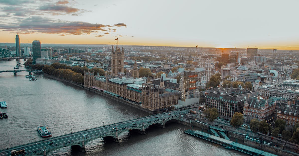 A stunning aerial view of Westminster Palace and the Thames in London at sunset.