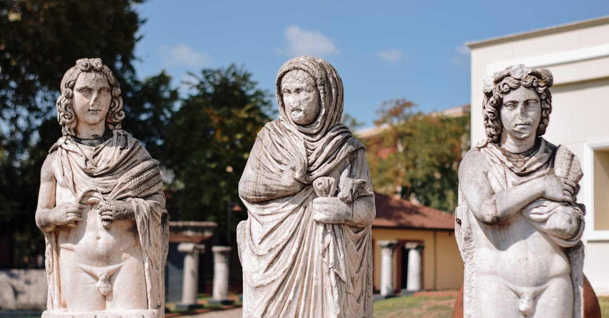 Outdoor display of marble sculptures at Kocaeli Museum, Turkey, under clear skies.