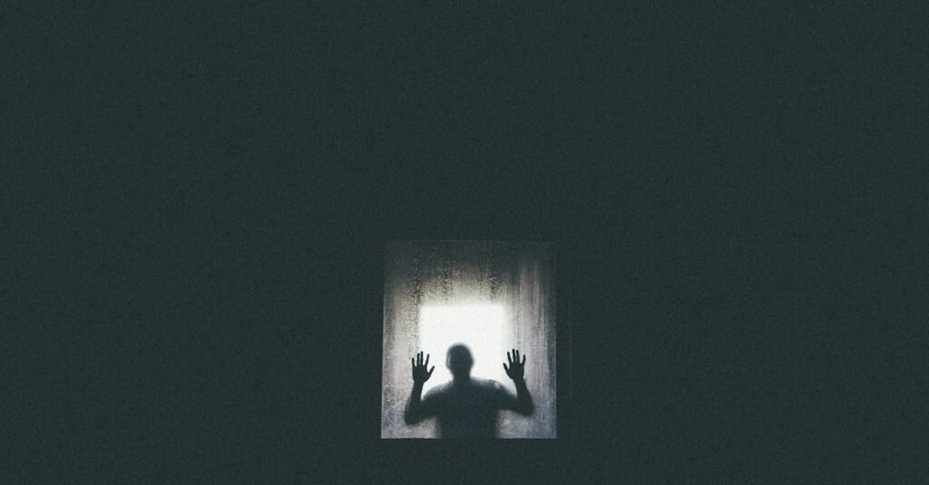 Eerie silhouette of a person against a window, conveying themes of isolation and entrapment.