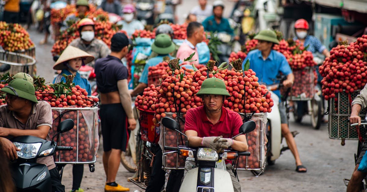 Vibrant scene of lychee season at Bac Giang, Vietnam, capturing the local market's energy.
