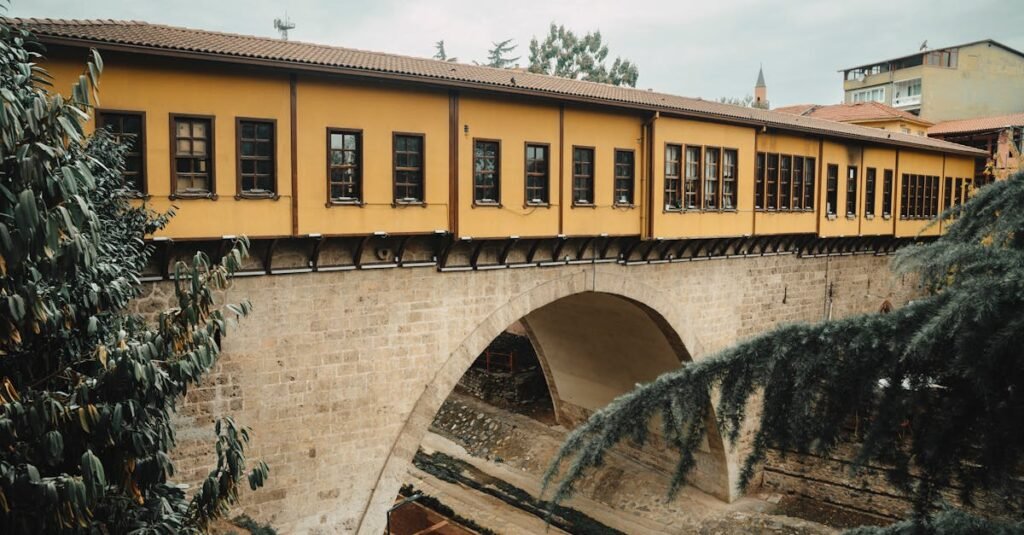 A vintage view of the historical covered bridge in Bursa, Turkey. Dramatic and timeless.