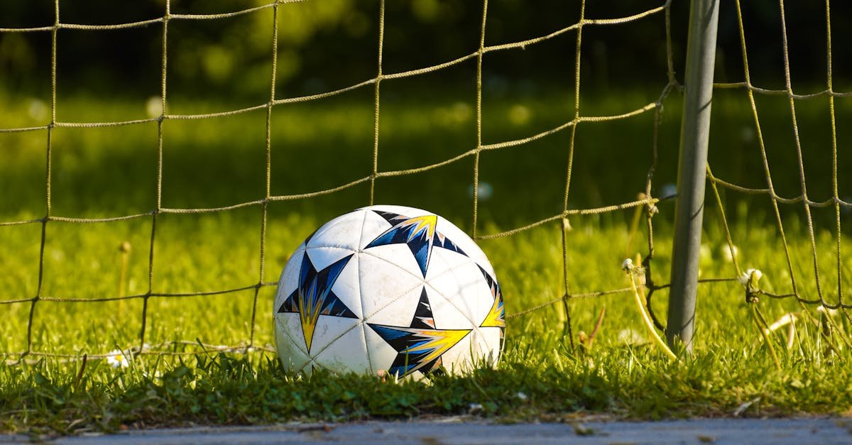 Close-up of a soccer ball resting on a grass field against the goal net in natural daylight.