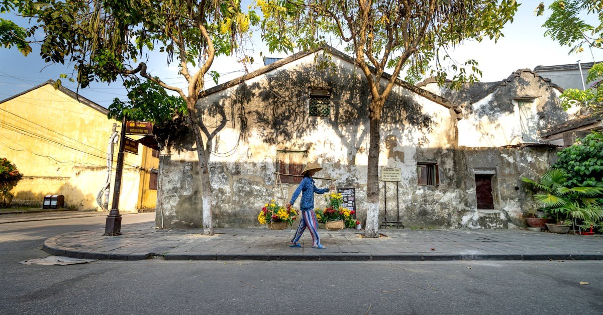 Vietnamese woman in a conical hat walking past an old building, showcasing traditional lifestyle.