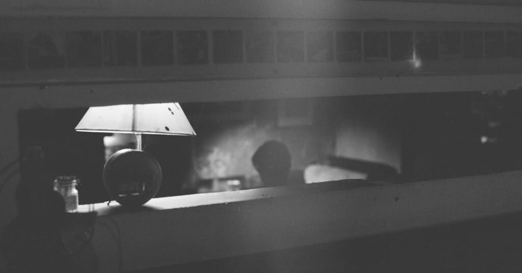 A vintage-style black and white photo highlighting a lamp and an ambiguous figure indoors, creating a moody atmosphere.