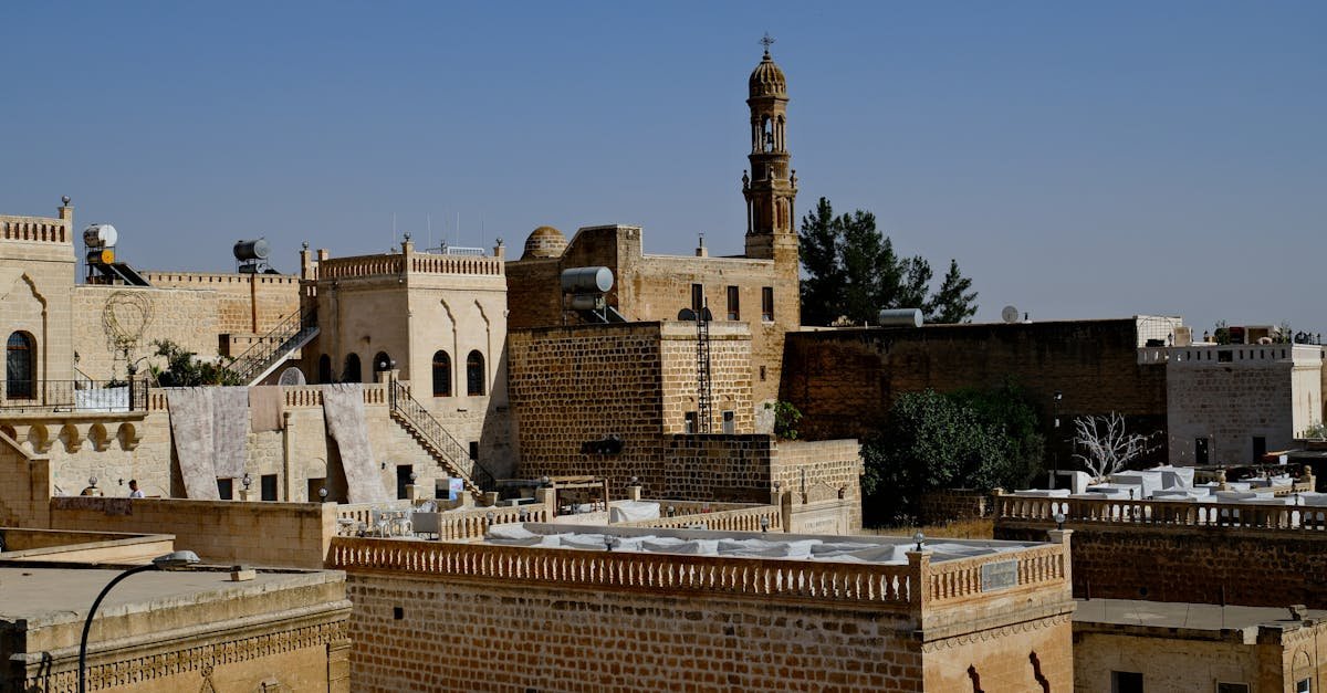 Aerial view of the historic architecture of Mardin, Türkiye, showcasing traditional stone buildings and iconic structures.