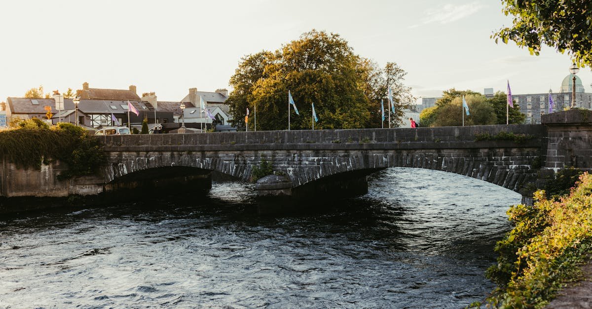 Charming stone bridge over river in Galway, Ireland with lush greenery and cozy townhouses.