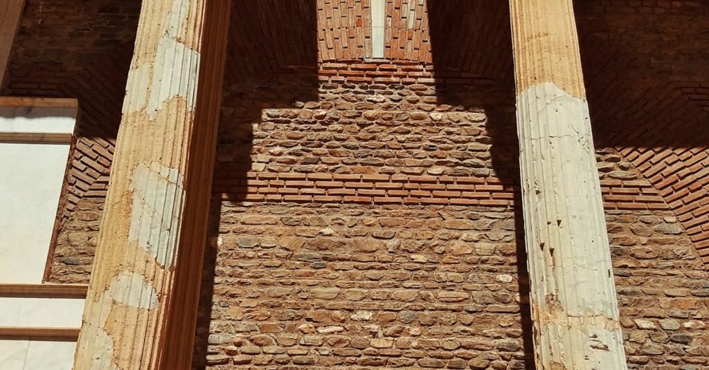 Detailed view of ancient Roman columns and archway in Manisa, Türkiye.