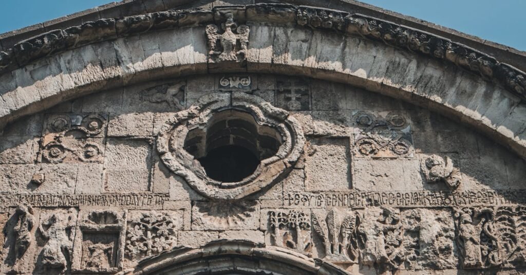 Close-up of a detailed bas-relief facade of a historic building in Trabzon, Turkey.