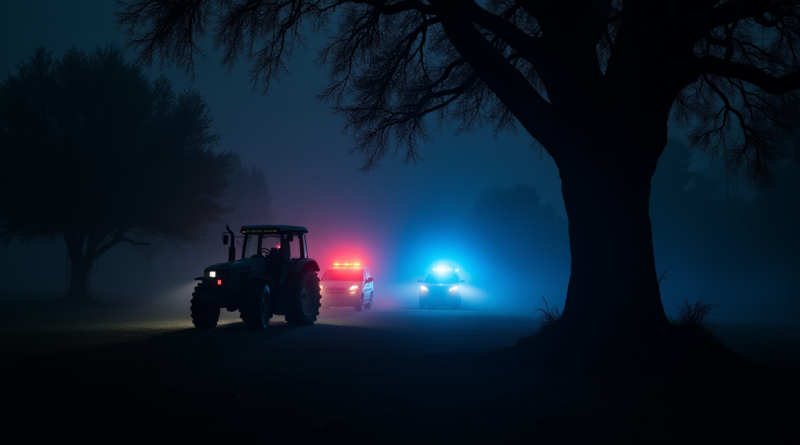 A dramatic, cinematic night scene in a Malatya apricot orchard. A tractor is visible next to a large gnarled tree, illuminated by the distant blue and red emergency lights of an ambulance. Deep shadows, mist in the air, somber atmosphere, realistic photography, high detail, no text.
