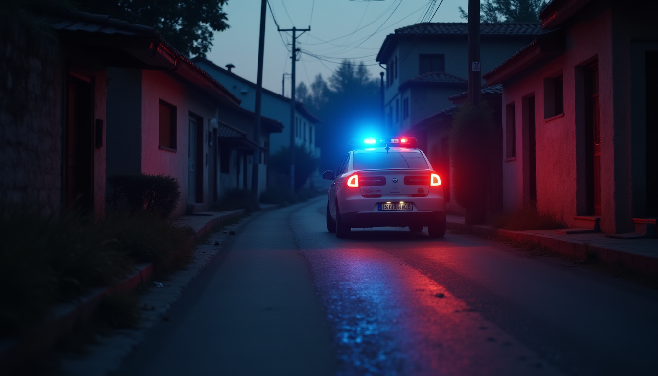 A dramatic cinematic shot of a Turkish Gendarmerie patrol car with red and blue emergency lights flashing on a narrow village street in Sakarya during the blue hour of dawn, realistic lighting, high detail, 8k resolution, no text or logos.