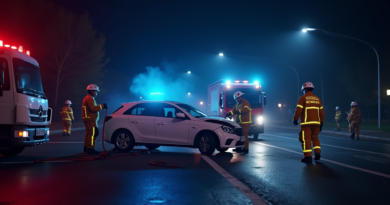 A dramatic nighttime scene of a car accident at a junction in Turkey. Professional rescue scene with a damaged white sedan and a light truck. Firefighters in reflective uniforms using hydraulic rescue tools. Bright blue and red emergency lights illuminating the dark street. High cinematic quality, photorealistic, 8k, volumetric lighting, no text or logos.