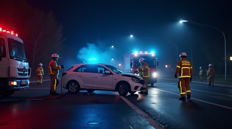 A dramatic nighttime scene of a car accident at a junction in Turkey. Professional rescue scene with a damaged white sedan and a light truck. Firefighters in reflective uniforms using hydraulic rescue tools. Bright blue and red emergency lights illuminating the dark street. High cinematic quality, photorealistic, 8k, volumetric lighting, no text or logos.