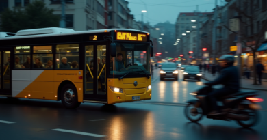 A dramatic cinematic street scene in Istanbul at dusk, a yellow and white IETT bus partially stopped away from the curb, a blurred motorcycle motion near the open bus doors, street lights reflecting on asphalt, hyper-realistic, 8k resolution, documentary style photogra