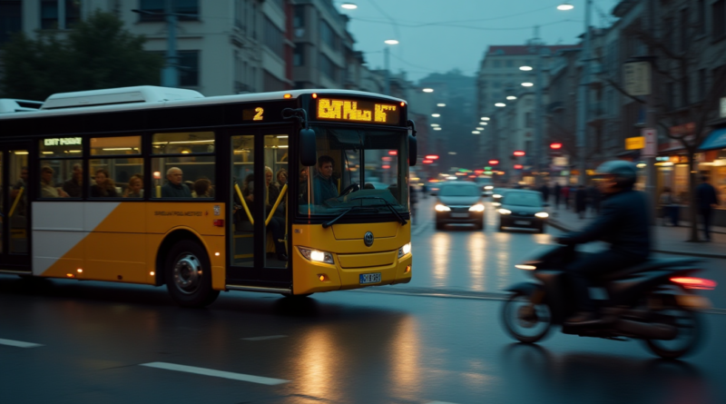 A dramatic cinematic street scene in Istanbul at dusk, a yellow and white IETT bus partially stopped away from the curb, a blurred motorcycle motion near the open bus doors, street lights reflecting on asphalt, hyper-realistic, 8k resolution, documentary style photogra