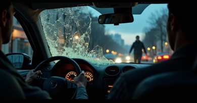 Cinematic, high-contrast news photo from the interior of a car. A shattered side window with glass fragments scattered on the dashboard and seats. Outside the window, a blurry, aggressive figure in motion against a city background. Dramatic street lighting at dusk reflecting off the broken glass. Realistic textures, 4k, no text or logos.