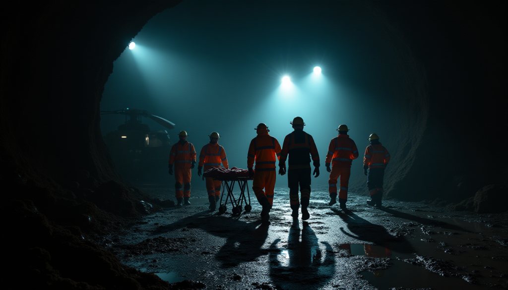 A highly dramatic cinematic scene at a dark mine entrance in Mexico at night. Brilliant floodlights pierce through the darkness, casting long shadows. Rescuers in mud-caked orange and navy suits with reflective strips are carefully carrying a stretcher toward a waiting military helicopter. The atmosphere is tense and emotional, with wet mud on the ground reflecting the emergency lights. Photorealistic, 8k resolution, no text, no logos.