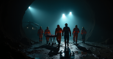 A highly dramatic cinematic scene at a dark mine entrance in Mexico at night. Brilliant floodlights pierce through the darkness, casting long shadows. Rescuers in mud-caked orange and navy suits with reflective strips are carefully carrying a stretcher toward a waiting military helicopter. The atmosphere is tense and emotional, with wet mud on the ground reflecting the emergency lights. Photorealistic, 8k resolution, no text, no logos.