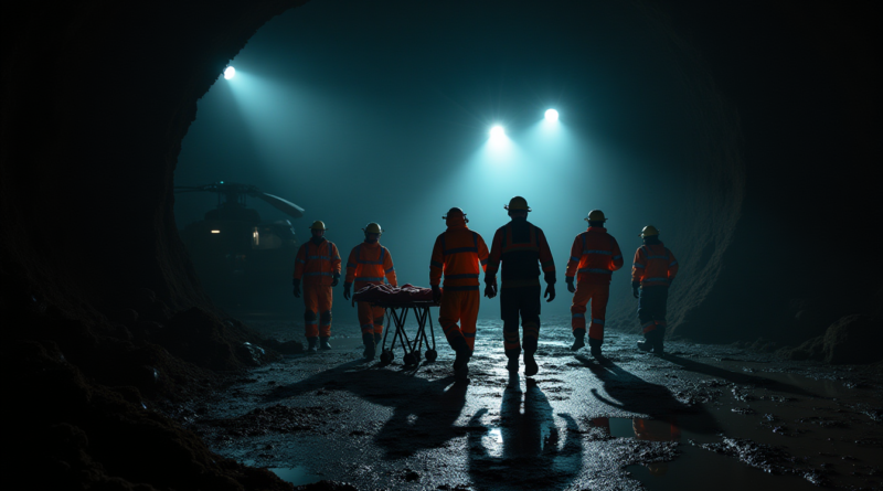 A highly dramatic cinematic scene at a dark mine entrance in Mexico at night. Brilliant floodlights pierce through the darkness, casting long shadows. Rescuers in mud-caked orange and navy suits with reflective strips are carefully carrying a stretcher toward a waiting military helicopter. The atmosphere is tense and emotional, with wet mud on the ground reflecting the emergency lights. Photorealistic, 8k resolution, no text, no logos.
