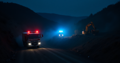 A dramatic nighttime scene in a rugged rural terrain of Aydın, Turkey. Blue and red lights of emergency vehicles (AFAD, Gendarmerie) illuminate a deep excavation site in a hillside. A silhouette of a yellow excavator is visible against the dark environment with dust in the air. Cinematic lighting, ultra-realistic, high contrast, no text or logos.