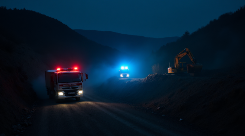A dramatic nighttime scene in a rugged rural terrain of Aydın, Turkey. Blue and red lights of emergency vehicles (AFAD, Gendarmerie) illuminate a deep excavation site in a hillside. A silhouette of a yellow excavator is visible against the dark environment with dust in the air. Cinematic lighting, ultra-realistic, high contrast, no text or logos.