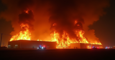 A hyper-realistic cinematic wide shot of a massive 1.2 million square foot industrial warehouse engulfed in massive orange flames and thick black toxic smoke at night. The sky is dark but illuminated by the fire. Firetrucks with flashing blue and red lights are seen from a distance as tiny silhouettes against the inferno. No text, no logos, photorealistic, 8k resolution, dramatic atmosphere.