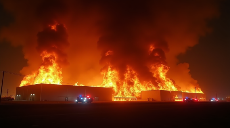 A hyper-realistic cinematic wide shot of a massive 1.2 million square foot industrial warehouse engulfed in massive orange flames and thick black toxic smoke at night. The sky is dark but illuminated by the fire. Firetrucks with flashing blue and red lights are seen from a distance as tiny silhouettes against the inferno. No text, no logos, photorealistic, 8k resolution, dramatic atmosphere.