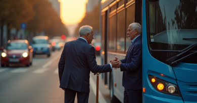 Cinematic, hyper-realistic photography of a modern blue Kocaeli UlaşımPark city bus stopped on a busy metropolitan road during golden hour with hazard lights on. A professional male bus driver in a dark blue uniform is gently holding the arm of an elderly man with a wooden walking stick, helping him safely cross a pedestrian crossing. The background shows blurred city lights and other cars stopped in respect. Soft, warm morning light, emotional and atmospheric scene, 8k resolution, high-quality textures, no text or logos.
