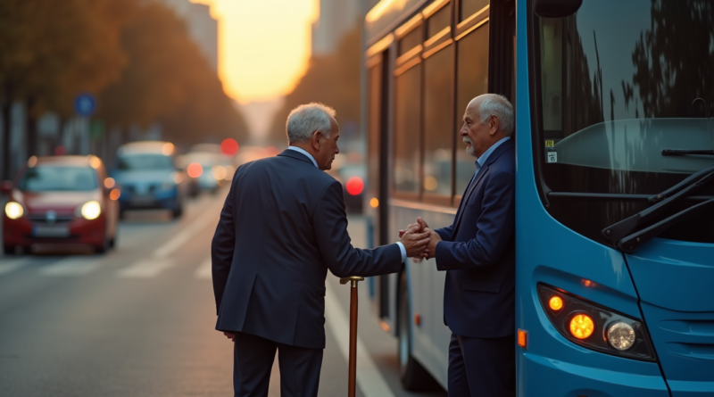 Cinematic, hyper-realistic photography of a modern blue Kocaeli UlaşımPark city bus stopped on a busy metropolitan road during golden hour with hazard lights on. A professional male bus driver in a dark blue uniform is gently holding the arm of an elderly man with a wooden walking stick, helping him safely cross a pedestrian crossing. The background shows blurred city lights and other cars stopped in respect. Soft, warm morning light, emotional and atmospheric scene, 8k resolution, high-quality textures, no text or logos.