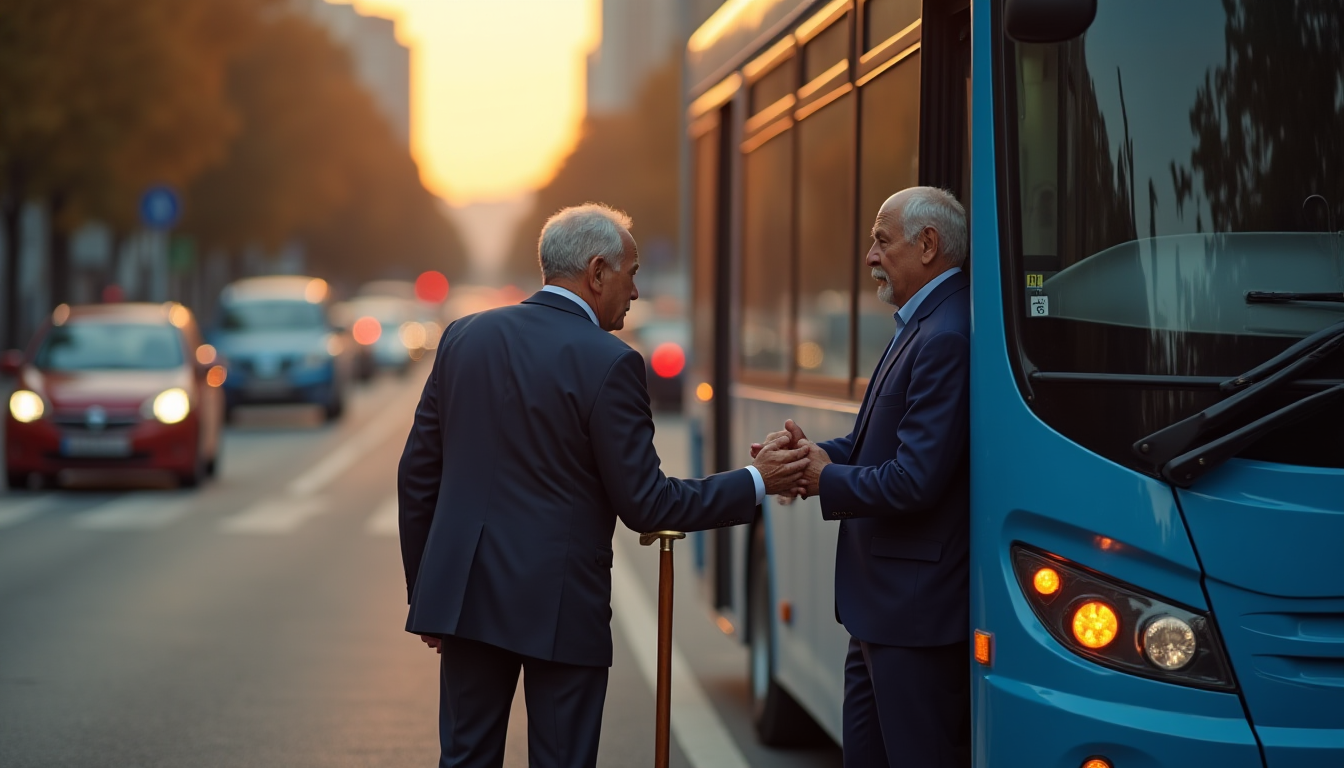 Cinematic, hyper-realistic photography of a modern blue Kocaeli UlaşımPark city bus stopped on a busy metropolitan road during golden hour with hazard lights on. A professional male bus driver in a dark blue uniform is gently holding the arm of an elderly man with a wooden walking stick, helping him safely cross a pedestrian crossing. The background shows blurred city lights and other cars stopped in respect. Soft, warm morning light, emotional and atmospheric scene, 8k resolution, high-quality textures, no text or logos.