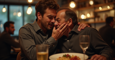 A dramatic cinematic shot inside a modern restaurant in Bursa. A young, fit male tradesman (Turkish features) is performing the Heimlich maneuver on an elderly man who is choking. The lighting is warm but tense, highlighting the urgent grasp and the victim's panicked expression. Blurred background with other customers looking on in shock. 8k resolution, photorealistic, professional news photography style, no text.