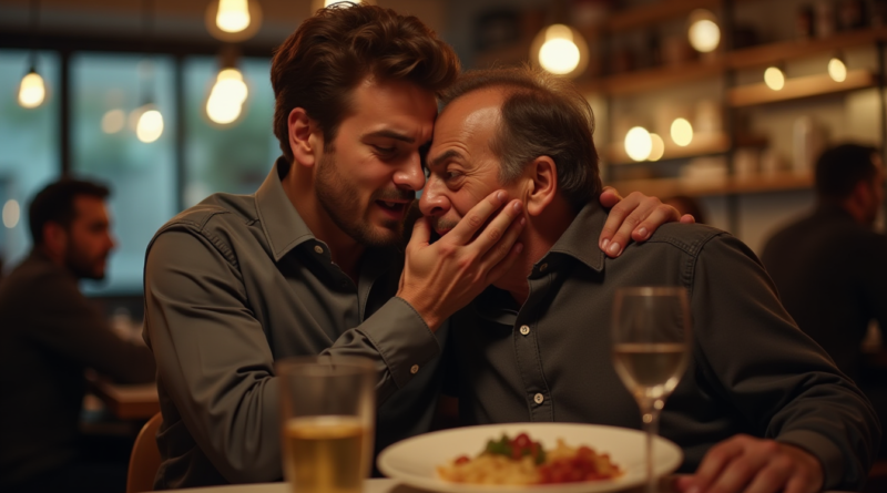A dramatic cinematic shot inside a modern restaurant in Bursa. A young, fit male tradesman (Turkish features) is performing the Heimlich maneuver on an elderly man who is choking. The lighting is warm but tense, highlighting the urgent grasp and the victim's panicked expression. Blurred background with other customers looking on in shock. 8k resolution, photorealistic, professional news photography style, no text.
